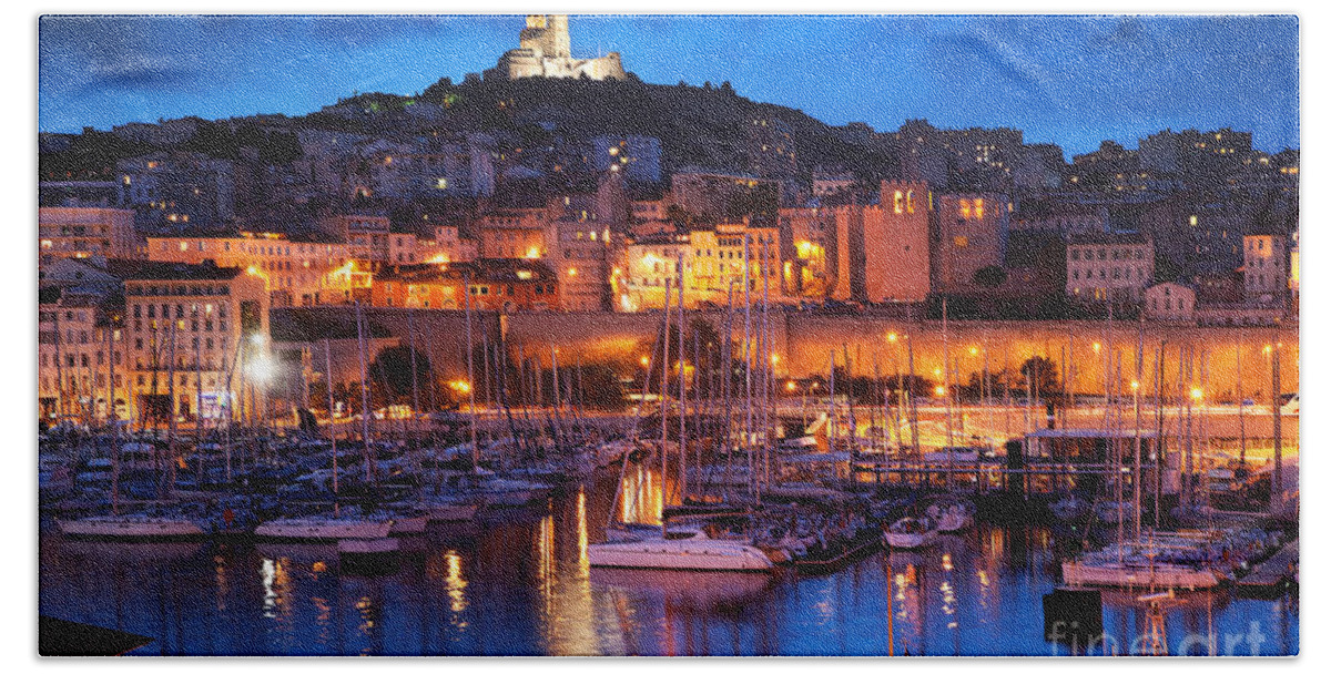 Marseille Bath Towel featuring the photograph Marseille France panorama at night by Michal Bednarek