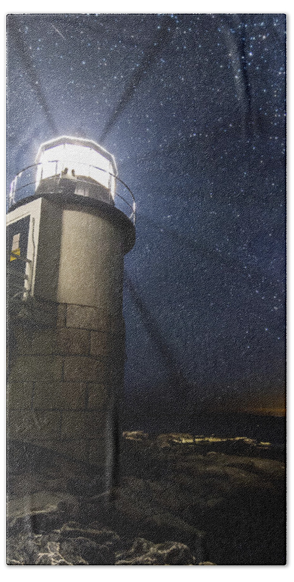 Astrophotography Hand Towel featuring the photograph Marshall Lighthouse and the Night Sky by John Vose