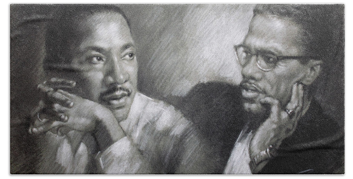 Malcolm X Hand Towel featuring the drawing Martin Luther King Jr and Malcolm X by Ylli Haruni