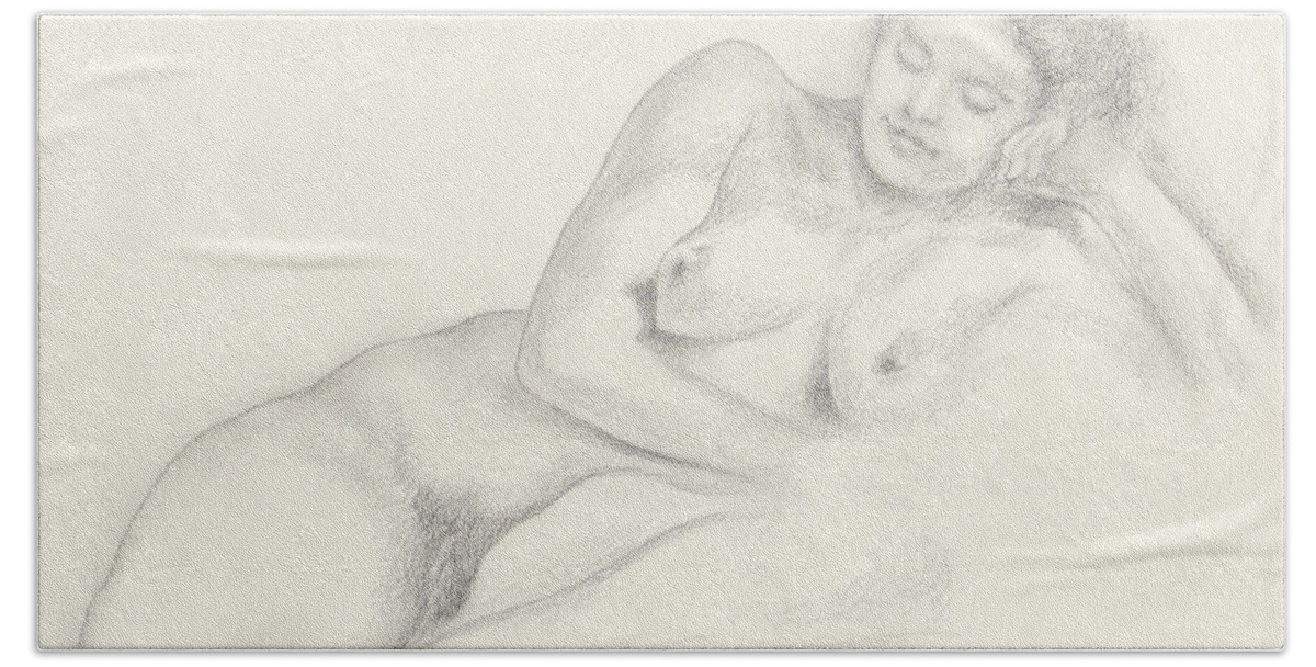 Female Nude Bath Towel featuring the drawing Martina Lounging on Her Left Side Her Head Propped Upon Her Left Hand by Scott Kirkman