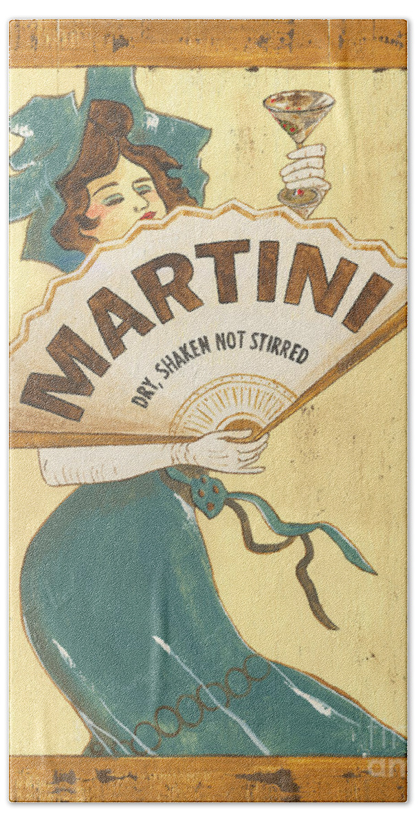 Martini Cocktails Dry Shaken Not Stirred French Vintage Poster Art Nouveaux Deco Cuisine Food Restaurant Bar Gold Cream Aqua Green Brown Martini Glass Olive Alcohol Drink Beverage Glass Liquid Bar Vodka Cool Party Liquor Fresh Gin Cold Food Refreshment Vermouth Celebration Icon Symbol Splash Shot Ice Club Alcoholic Juice Crystal Pub Nightlife Sweet Glamour Creative Colorful Vintage Aged Distressed Wood Texture Type Text Typography Bath Towel featuring the painting Martini dry by Debbie DeWitt