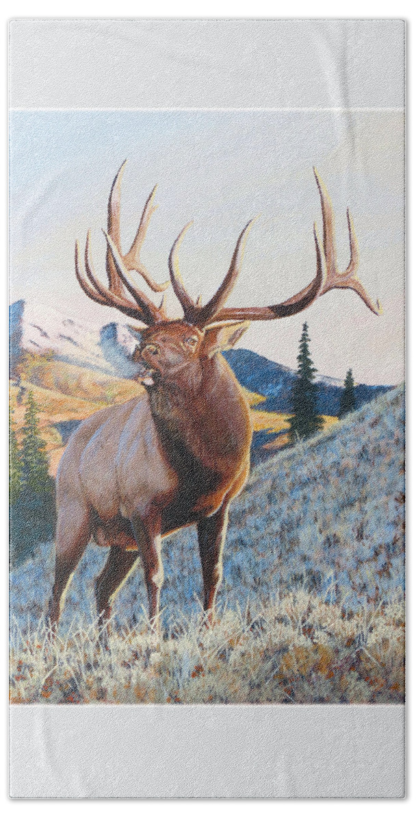Bugling Bull Elk Hand Towel featuring the painting Mary's River Morning by Darcy Tate