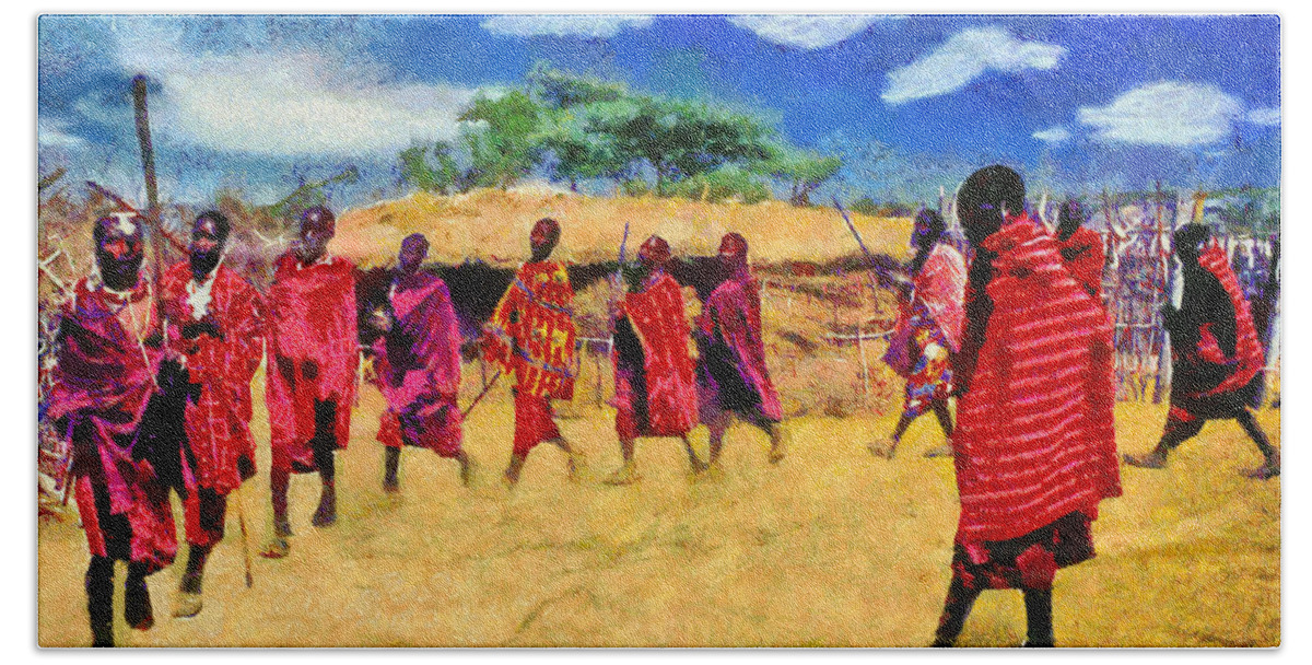 Rossidis Hand Towel featuring the painting Masai dance by George Rossidis