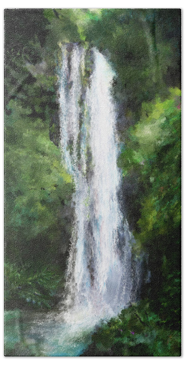 River Bath Towel featuring the painting Maui Waterfall by Susan Kinney