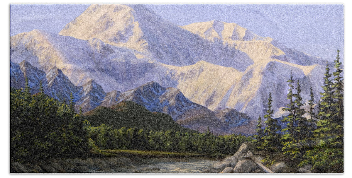 Alaska Landscape Bath Towel featuring the painting Majestic Denali Mountain Landscape - Alaska Painting - Mountains and River - Wilderness Decor by K Whitworth