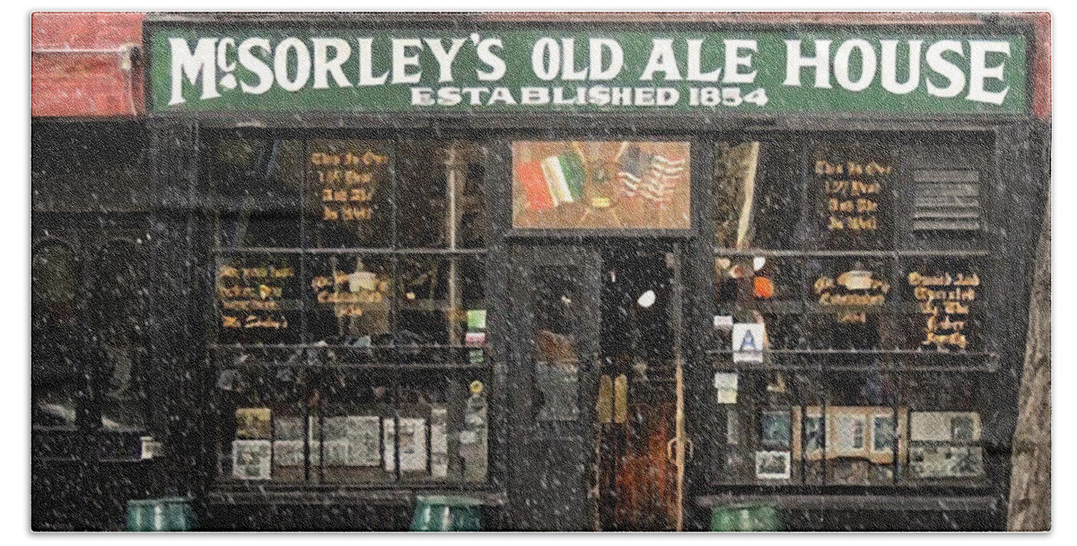 Mcsorley's Old Ale House Bath Towel featuring the photograph McSorley's Old Ale House During a Snow Storm by Doc Braham