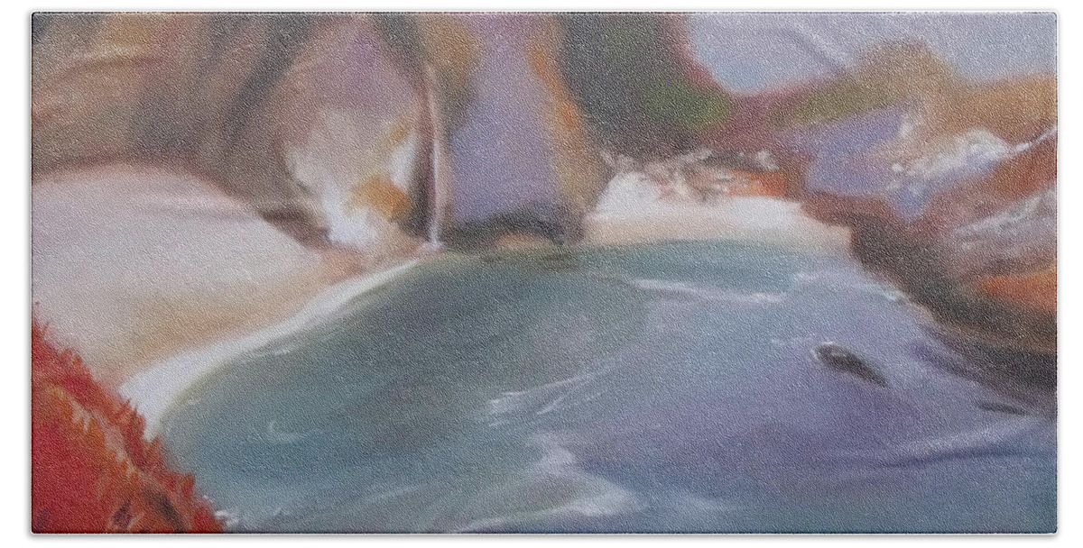 Big Sur Bath Towel featuring the painting McWay Falls by Mary Hubley