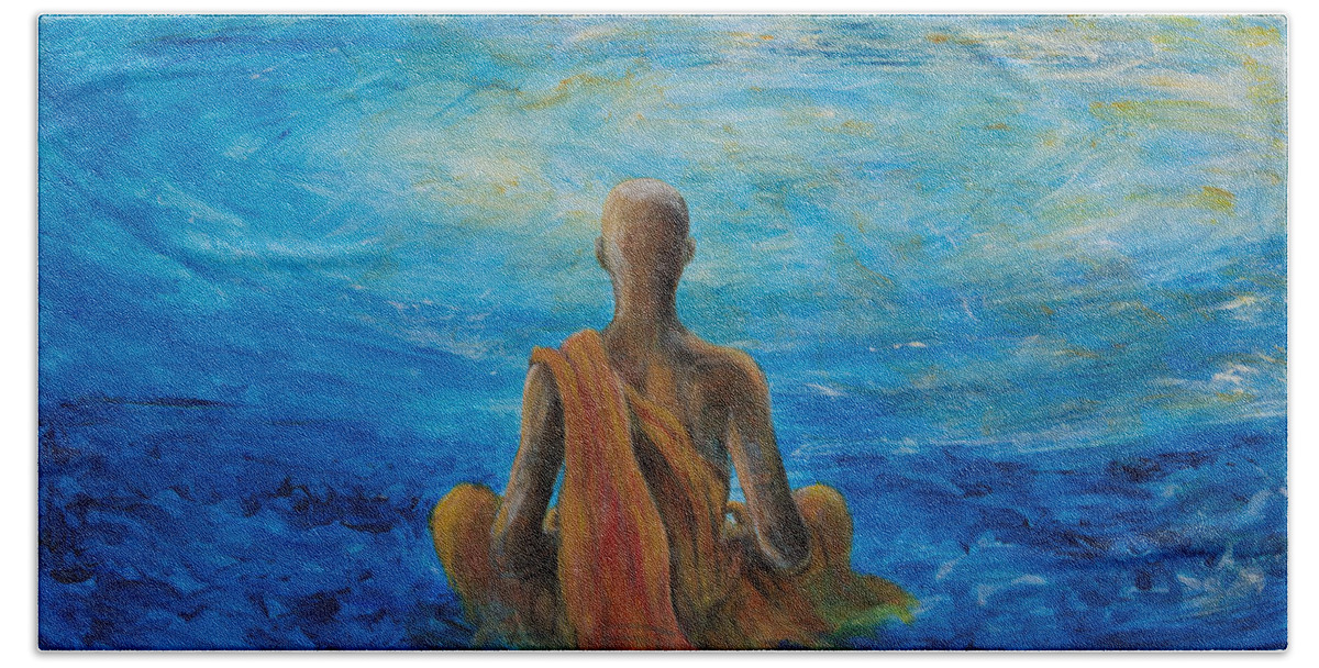 Monk Bath Towel featuring the painting Meditation by Nik Helbig