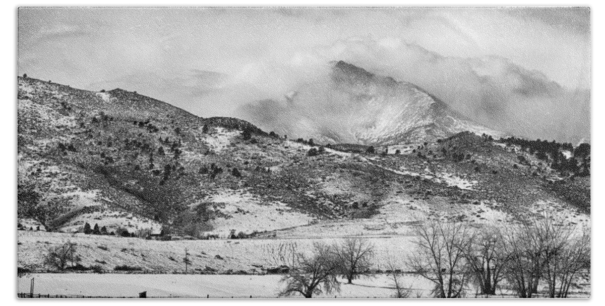 Longs Peak Bath Towel featuring the photograph Meeker and Longs Peak in Winter Clouds BW by James BO Insogna