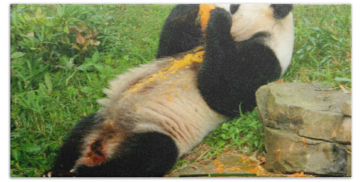 Giant Pandas Bath Towel featuring the photograph Mei Xiang Chowing On Frozen Treat by Emmy Marie Vickers