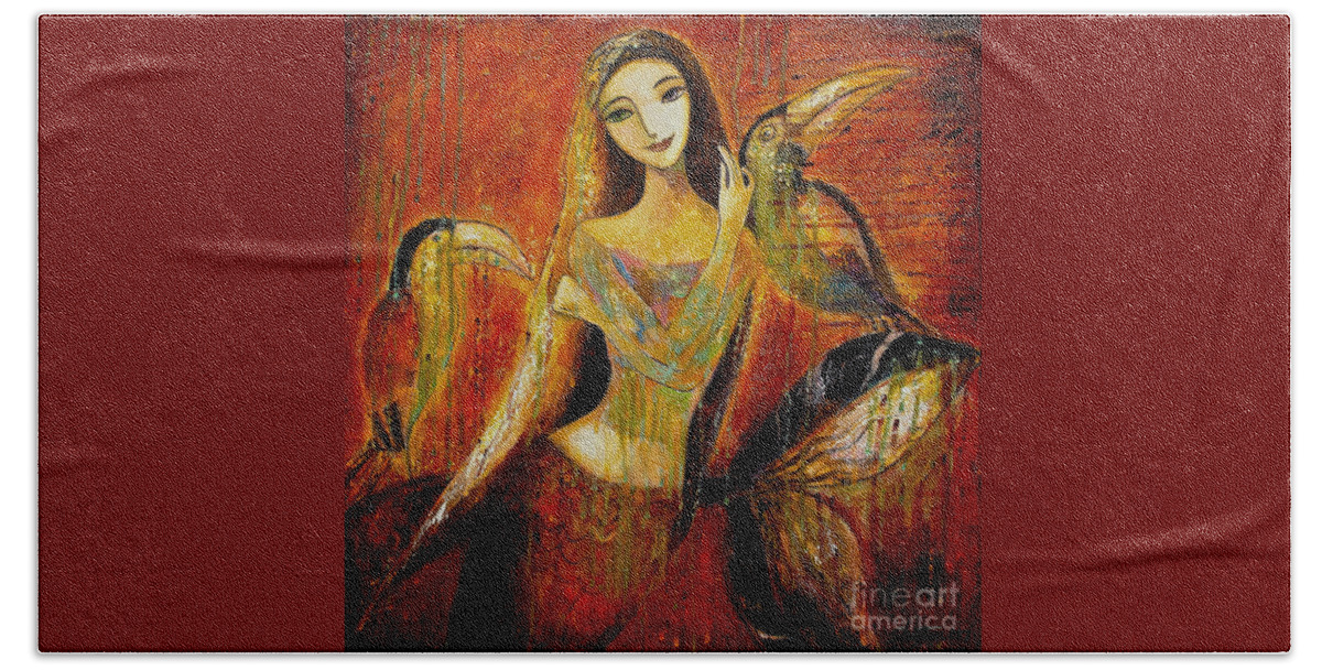 Mermaid Art Hand Towel featuring the painting Mermaid Bride by Shijun Munns