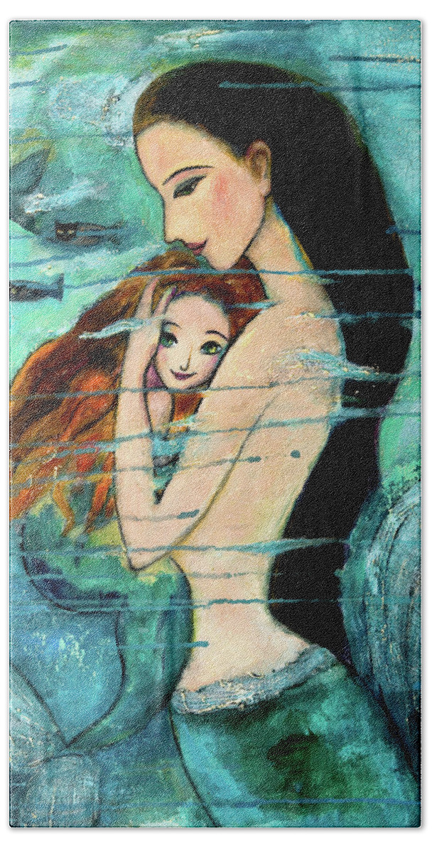 Mermaid Art Hand Towel featuring the painting Mermaid Mother and Child by Shijun Munns