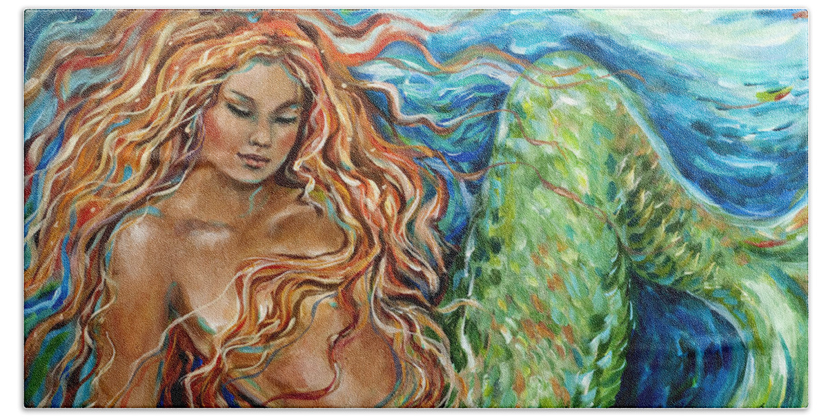 Mermaid Hand Towel featuring the painting Mermaid sleep new by Linda Olsen