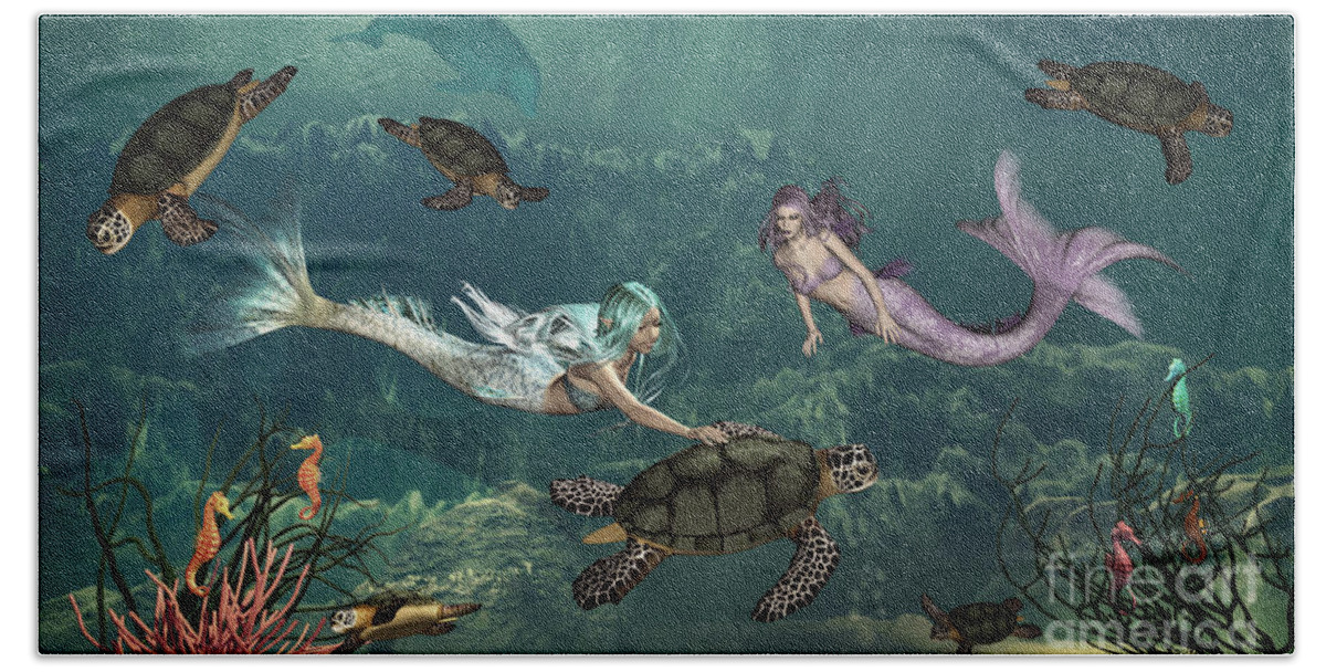 Mermaids At Turtle Springs Hand Towel featuring the painting Mermaids At Turtle Springs by Two Hivelys