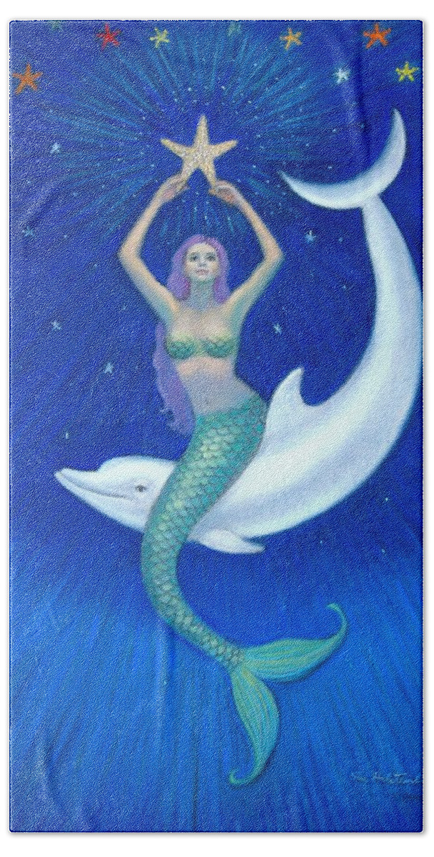 Mermaid Art Hand Towel featuring the painting Mermaids- Dolphin Moon Mermaid by Sue Halstenberg