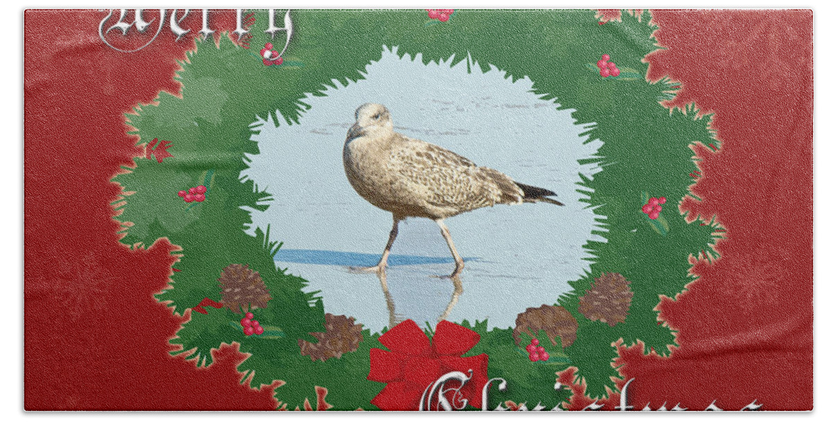 Christmas Bath Towel featuring the photograph Merry Christmas Greeting Card - Young Seagull by Carol Senske