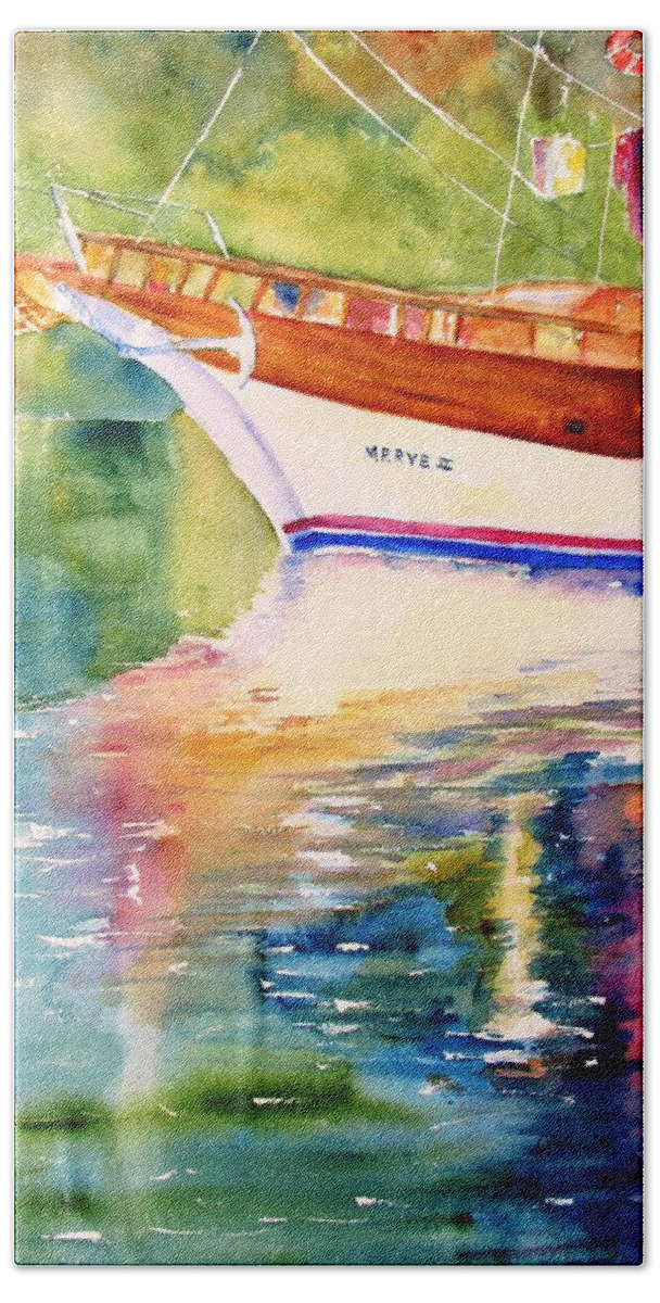 Sailboat Hand Towel featuring the painting Merve II gulet yacht Reflections by Carlin Blahnik CarlinArtWatercolor