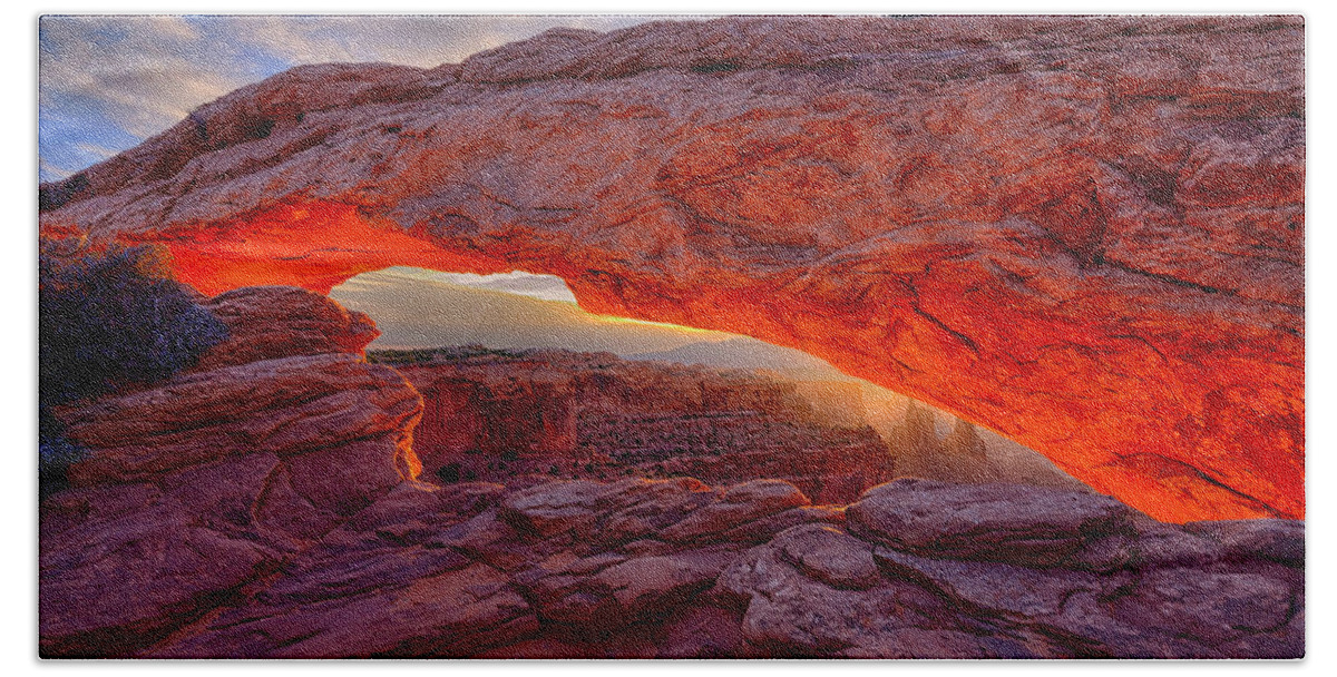 Mesa Arch Hand Towel featuring the photograph Mesa Arch Sunrise by Greg Norrell