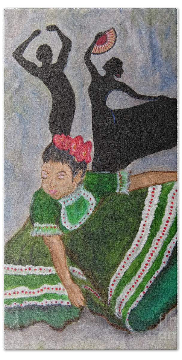 Fiesta Bath Towel featuring the painting Mexican Hat Dance by Ella Kaye Dickey