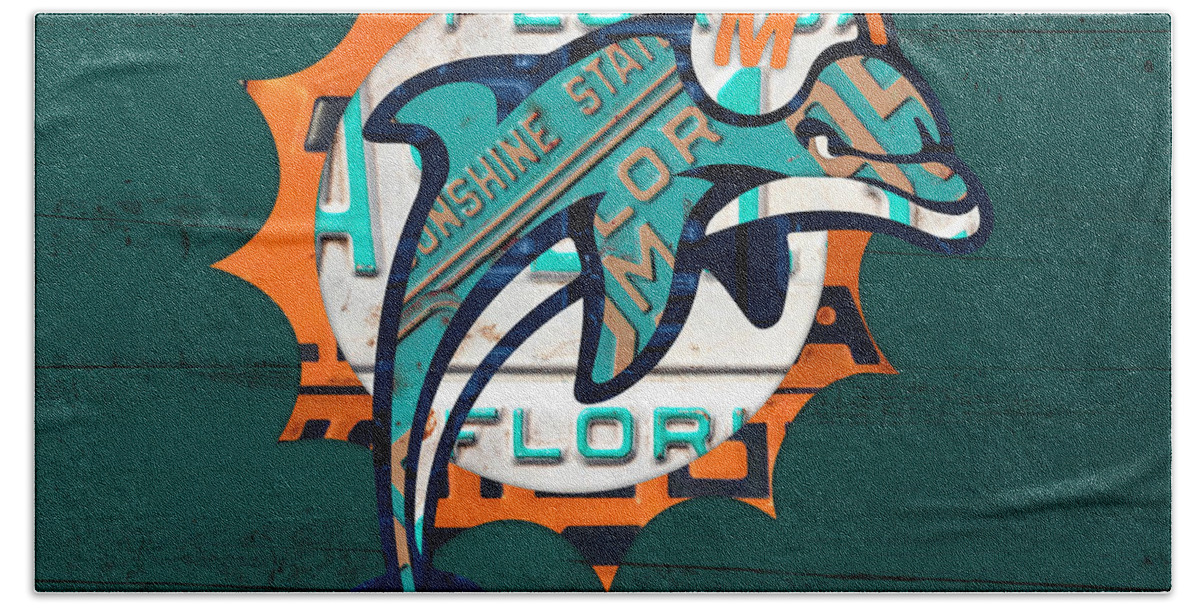 Miami Hand Towel featuring the mixed media Miami Dolphins Football Team Retro Logo Florida License Plate Art by Design Turnpike