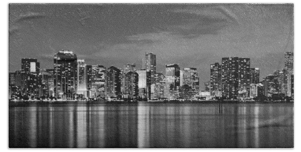 Miami Hand Towel featuring the photograph Miami Skyline at Dusk Black and White BW Panorama by Jon Holiday