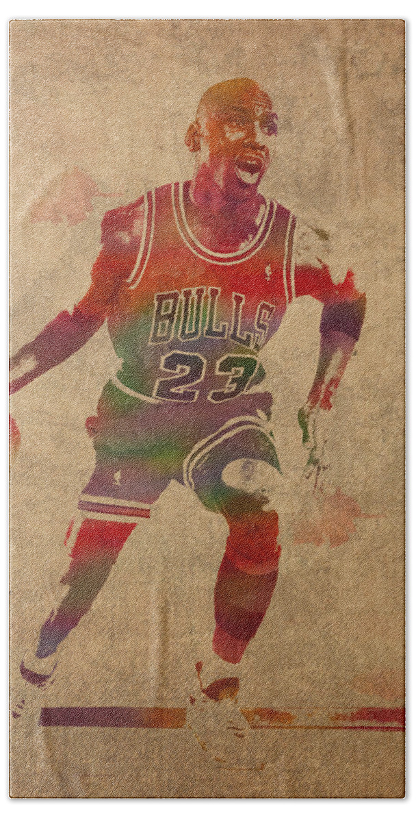 Michael Jordan Bath Towel featuring the mixed media Michael Jordan Chicago Bulls Vintage Basketball Player Watercolor Portrait on Worn Distressed Canvas by Design Turnpike