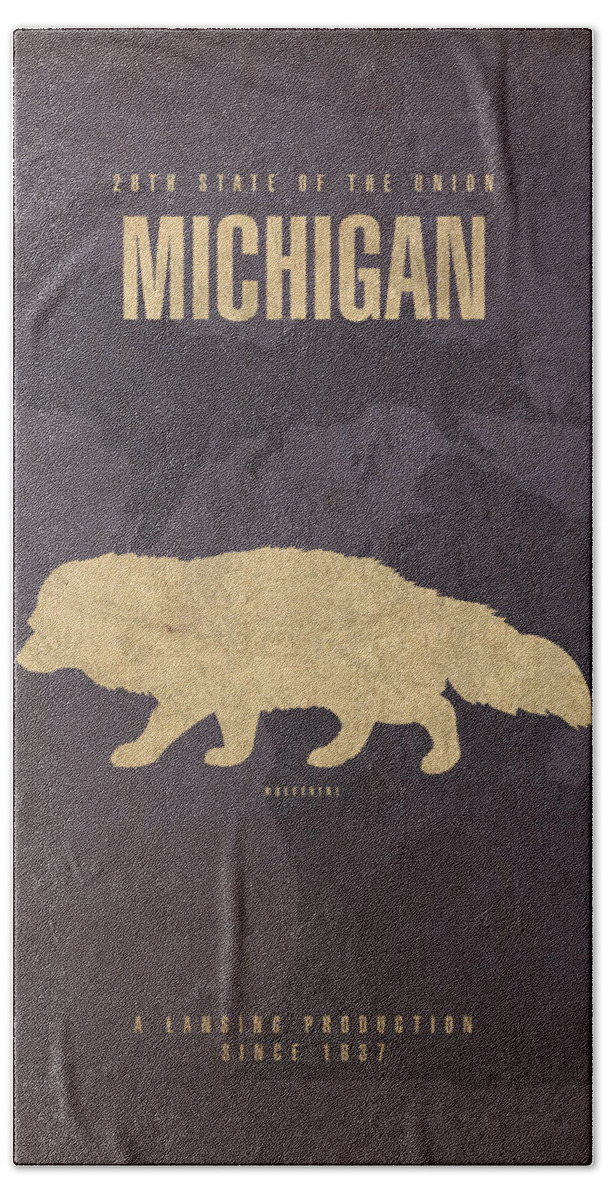 Michigan Bath Sheet featuring the mixed media Michigan State Facts Minimalist Movie Poster Art by Design Turnpike