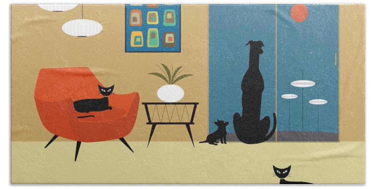 Alien Bath Towel featuring the digital art Mid Century Dogs and Cats by Donna Mibus