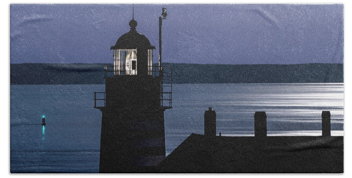 Midnight Moonlight On West Quoddy Head Lighthouse Bath Towel featuring the photograph Midnight Moonlight on West Quoddy Head Lighthouse by Marty Saccone