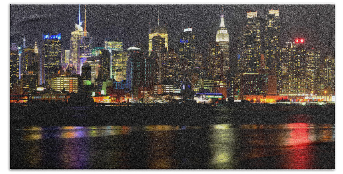 America Bath Towel featuring the photograph Midnight New York Skyline by Mitchell R Grosky