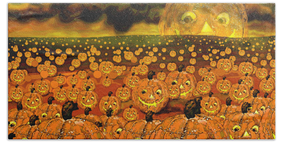 Gmo Hand Towel featuring the digital art Midnight Pumpkin Patch by Carol Jacobs