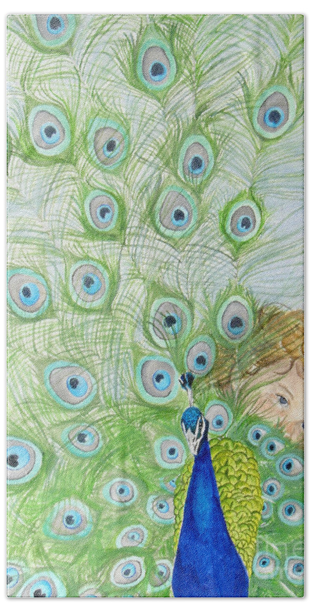 Peacock Hand Towel featuring the painting Mika and Peacock by Tamir Barkan