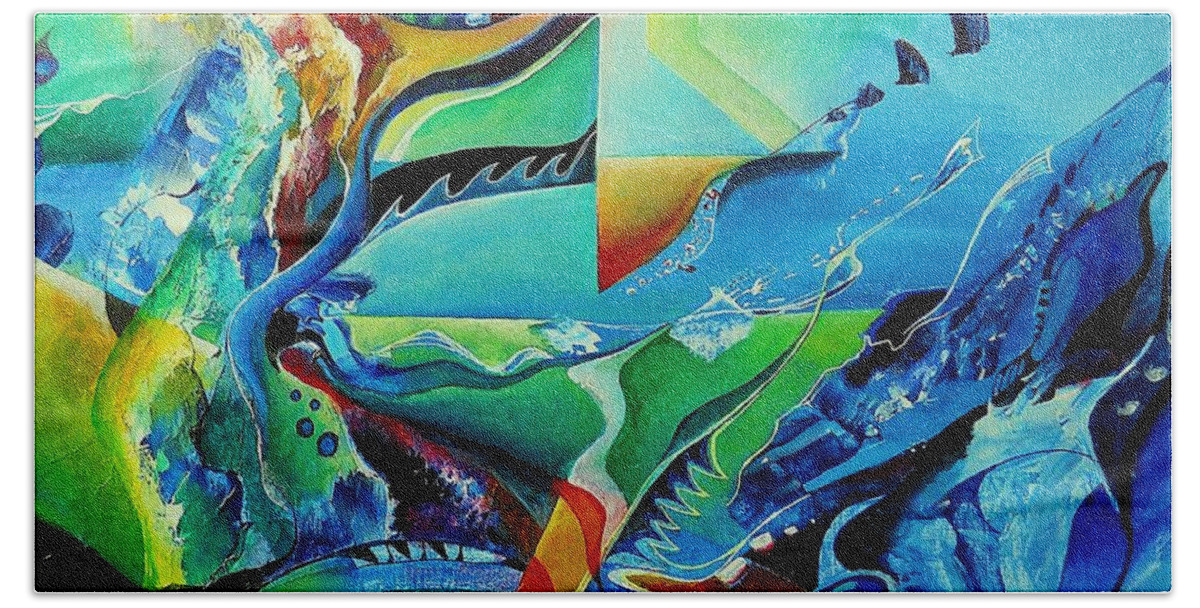 Abstract Acrylic Bath Towel featuring the painting mindscape no.2-Improvisation Saxophone and Piano by Wolfgang Schweizer