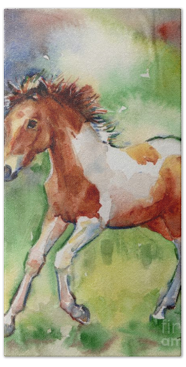 Horse In Watercolor Bath Towel featuring the painting Horse painting of a paint foal Misty by Maria Reichert