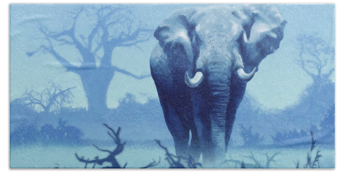 Blue Hand Towel featuring the digital art Misty Blue Morning in the Tsavo by Anthony Mwangi