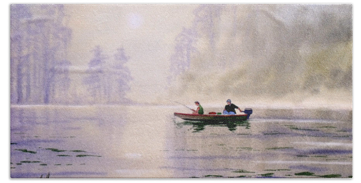 Banks Lake Bath Towel featuring the painting Misty Sunrise On The Lake by Bill Holkham
