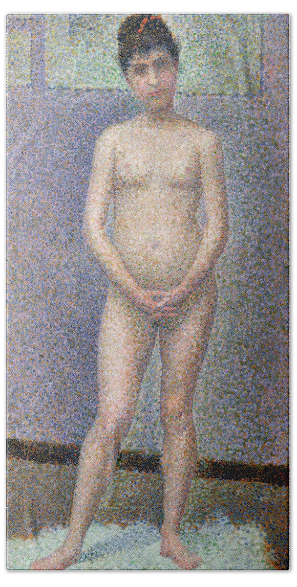 Nude;female;pointillist;neo-impressionist;poseuse De Face Hand Towel featuring the painting Model from the Front by Georges Pierre Seurat