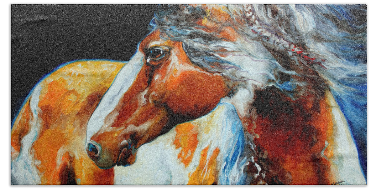 Horse Hand Towel featuring the painting MOHICAN the INDIAN WAR PONY by Marcia Baldwin