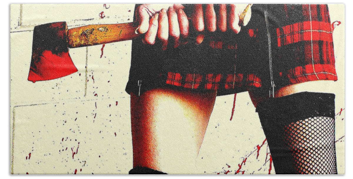 Axe Schoolgirl Plaid Tartan Miniskirt Murder Blood Horror Gore Insane Fishnet Stockings Legs Sexy Splatter Hand Towel featuring the photograph Molly's hatchet by Guy Pettingell
