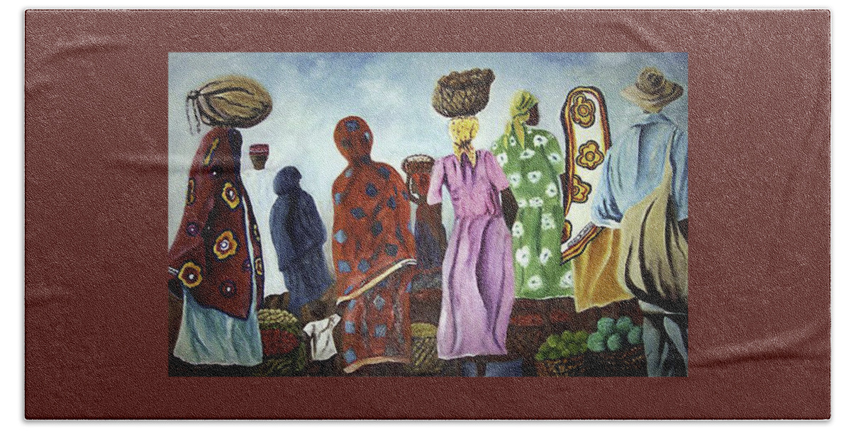 Market Hand Towel featuring the painting Mombasa Market by Sher Nasser
