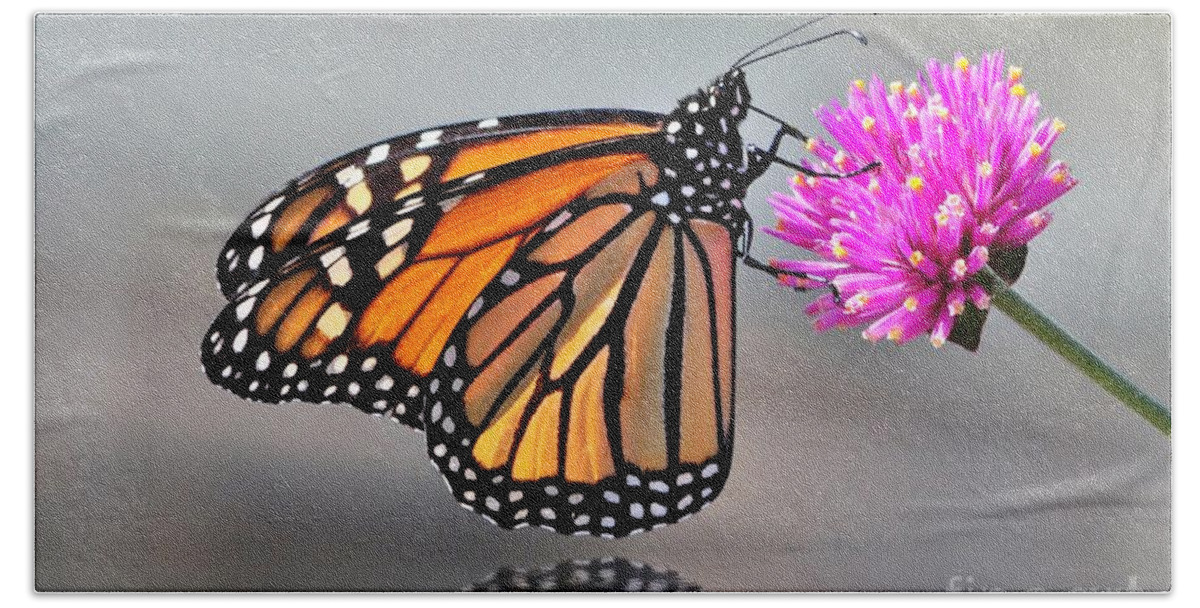 Butterflies Hand Towel featuring the photograph Monarch On A Pink Flower by Kathy Baccari