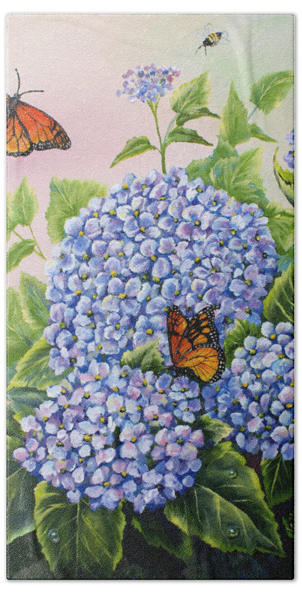Butterfly Bath Towel featuring the painting Monarchs and Hydrangeas by Gail Butler