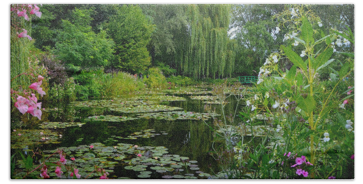 Claude Monet Bath Towel featuring the photograph Monet's Pond with Waterlilies and Bridge by Carla Parris