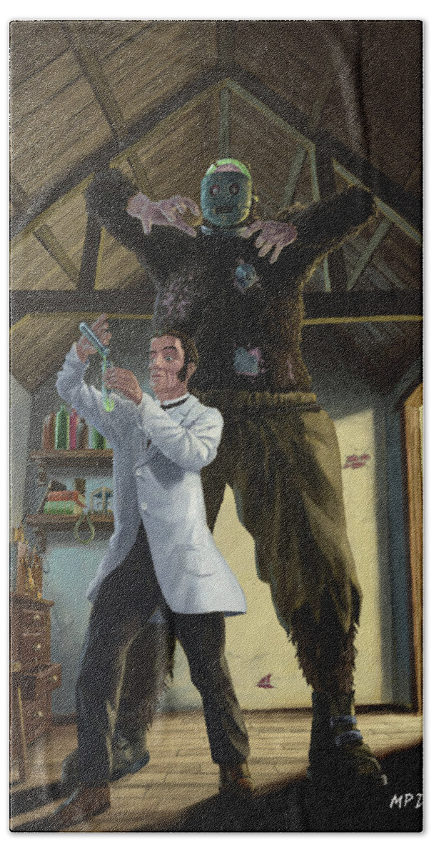 Monster Hand Towel featuring the painting Monster In Victorian Science Laboratory by Martin Davey
