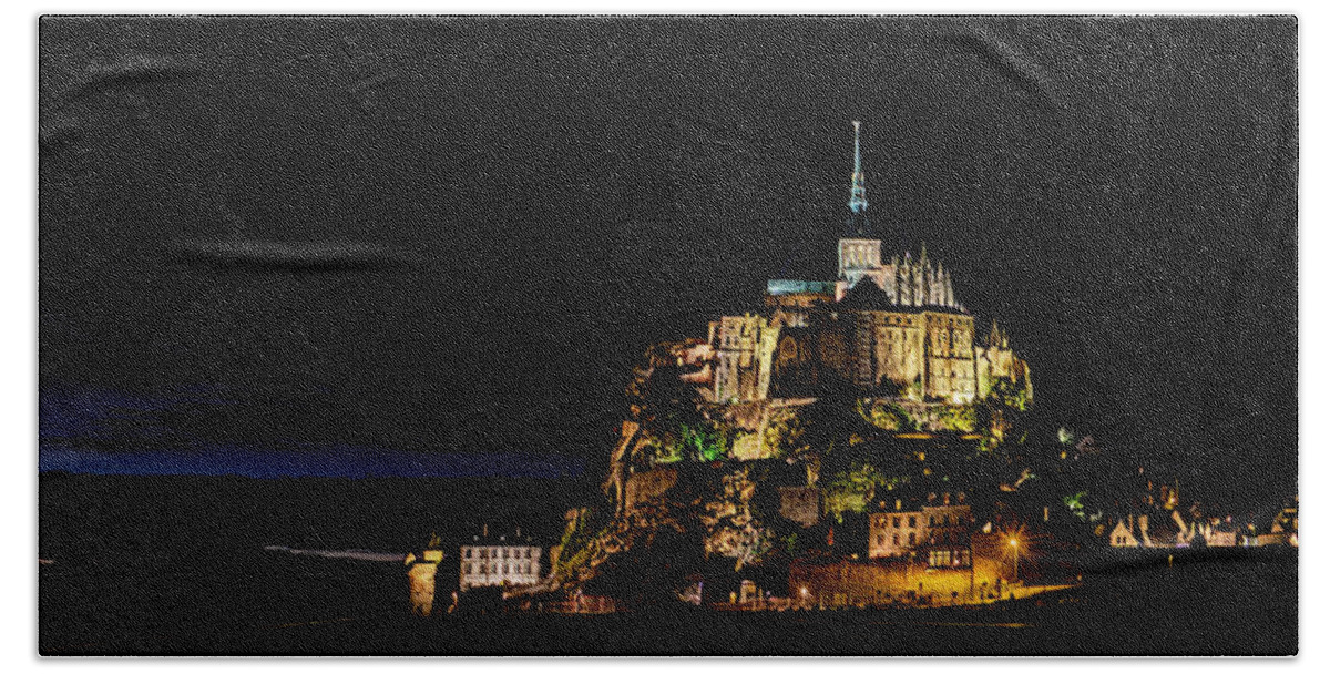 Mont Saint Michel Hand Towel featuring the photograph Mont Saint Michel at night panorama by Weston Westmoreland