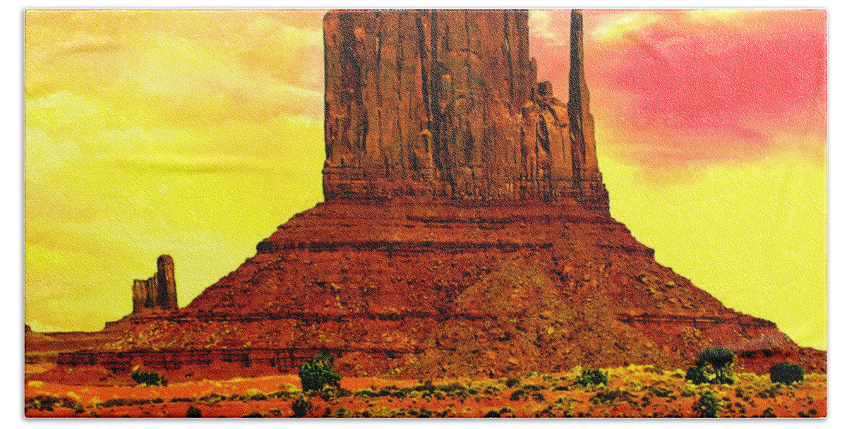 Monument Valley Bath Towel featuring the painting Monument Valley Right Mitten Sunrise Painting by Bob and Nadine Johnston