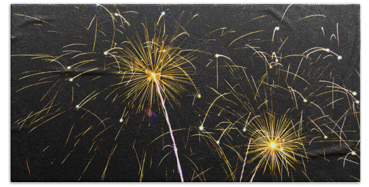 Fireworks Hand Towel featuring the photograph Moon over Golden Starburst- July Fourth - Fireworks by Penny Lisowski