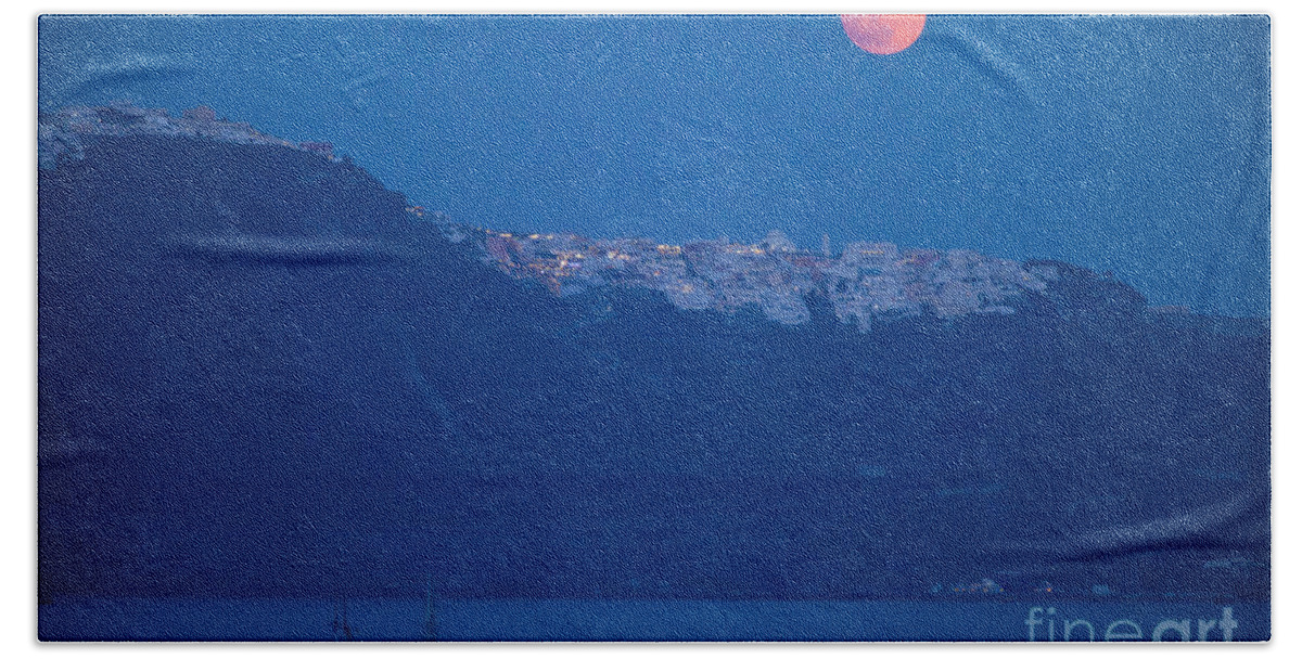 Santorini Bath Towel featuring the photograph Moon Over Santorini by Brian Jannsen