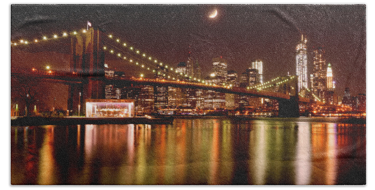Amazing Brooklyn Bridge Photos Bath Towel featuring the photograph Moon Over the Brooklyn Bridge by Mitchell R Grosky