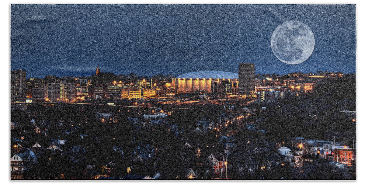 Carrier Dome Hand Towel featuring the photograph Moon Over the Carrier Dome by Everet Regal